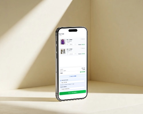 Tarapint cart screen on a phone showing line items, totals and checkout actions